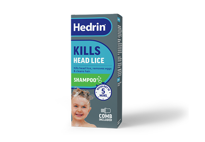Hedrin Kills Head Lice Shampoo box, front view on a white background