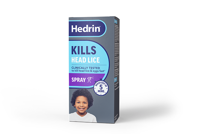 Hedrin Kills Head Lice Spray box, front view on a white background