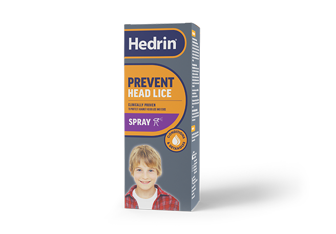 Hedrin Prevent Head Lice Spray box, front view on a white background