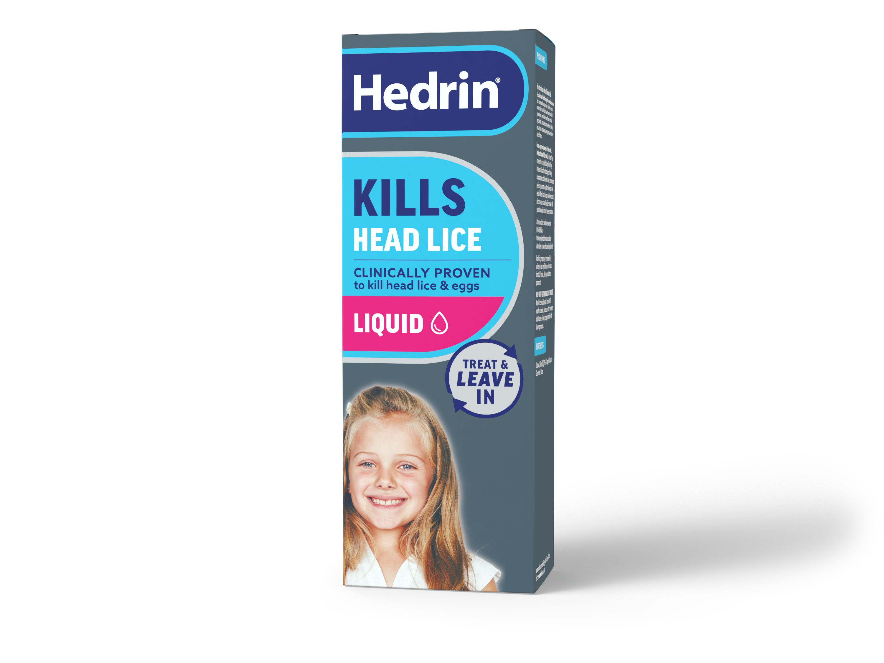 Hedrin Kills Head Lice Liquid leave-in treatment box, front view on a white background